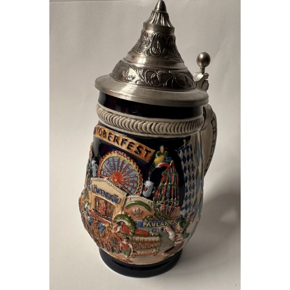 Vintage GERZ Germany Oktoberfest Beer Stein Lidded 95% Pewter Munich Relief